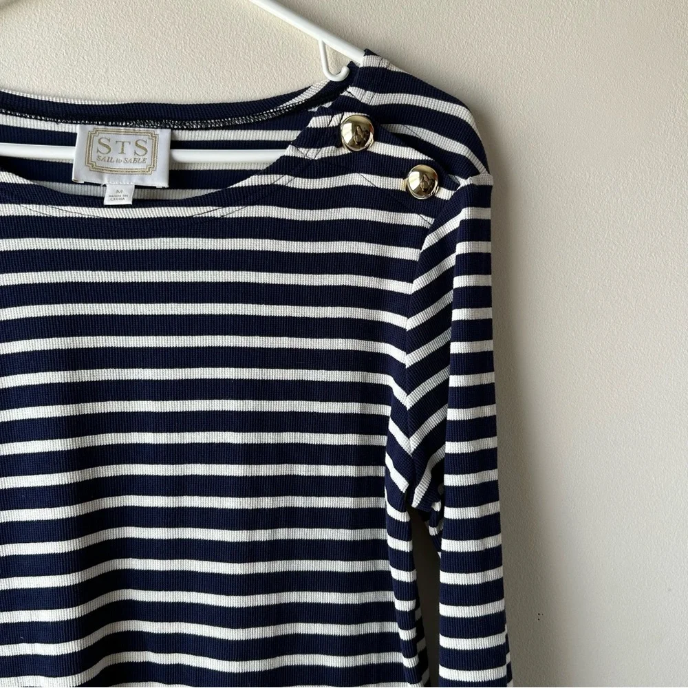 Sail to Sable 100% Cotton Stripe Long Sleeve Button Neck Dress Navy Ivory Gold M